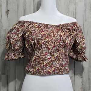 Sim & Sam Burgundy Multi Color Floral Smocked On Off Shoulder Crop Size XL